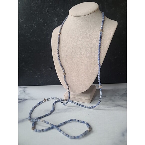 925 Sterling Silver Sodalite & Brushed Silver Beaded Extra Long Necklace Vintage - Picture 2 of 10